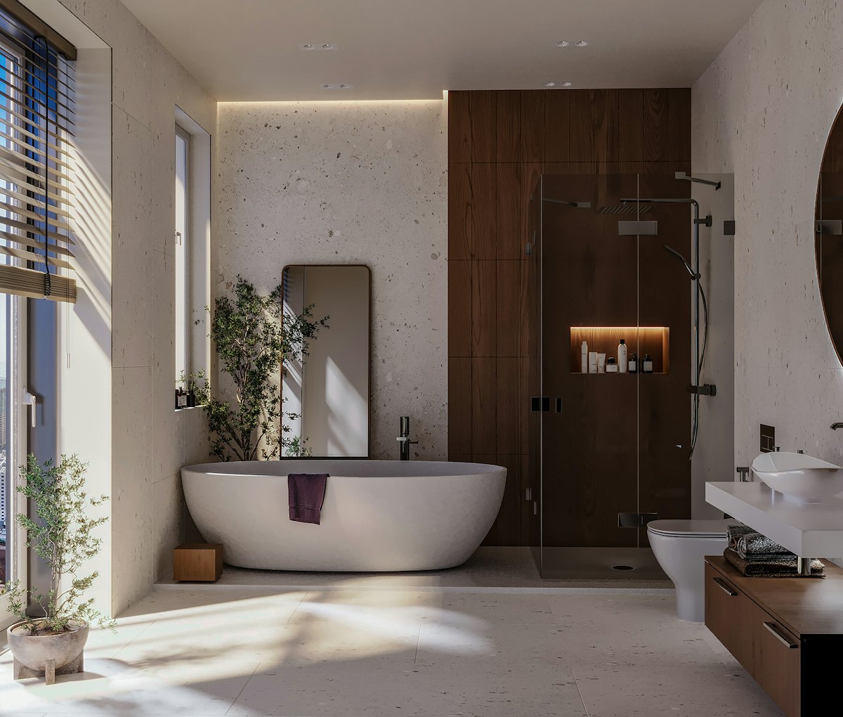 A bright bathroom with a freestanding bath and timber wall panel